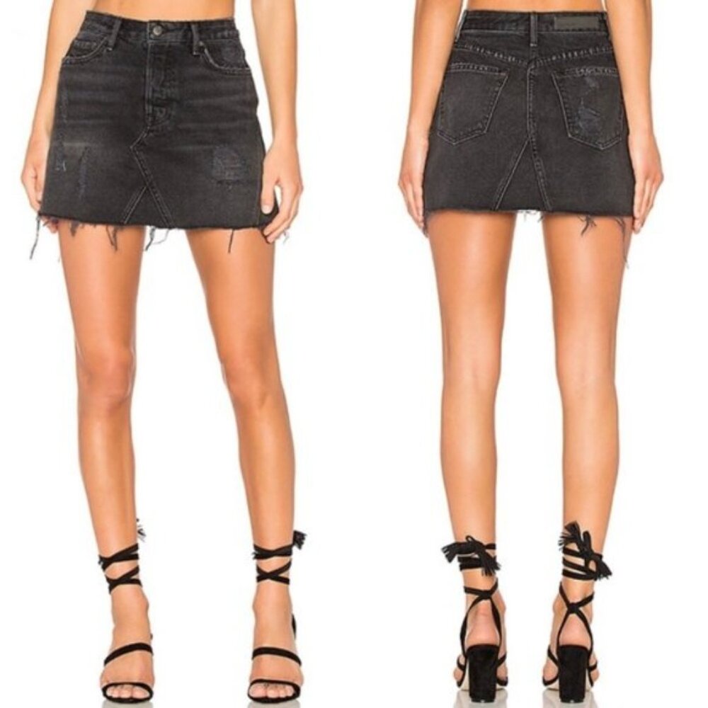 New GRLFRND Eva 100% cotton distressed high rise button fly denim jean miniskirt